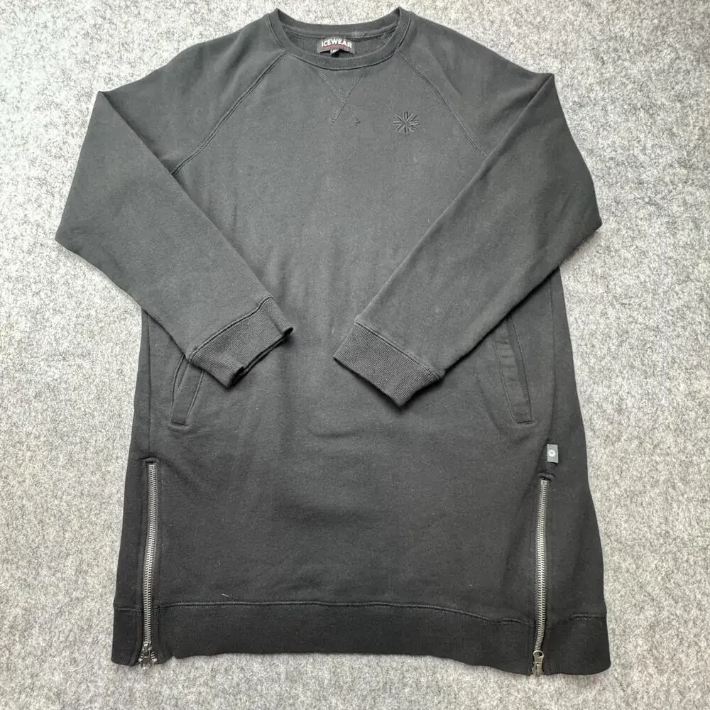 Icewear Sweatshirt Mens XL Black Longline Side Zip Pockets Pullover Crewneck